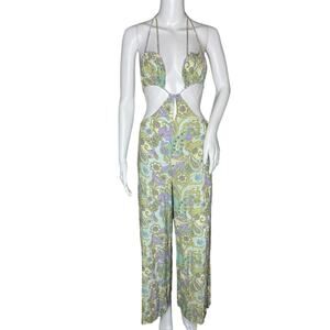 Sky to Moon Jumpsuit‎ Womens Medium Yellow Purple Retro Floral Casual Sexy Beach